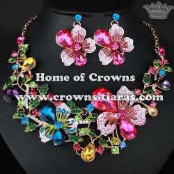 Pink Rose Flowers Crystal Necklace Set